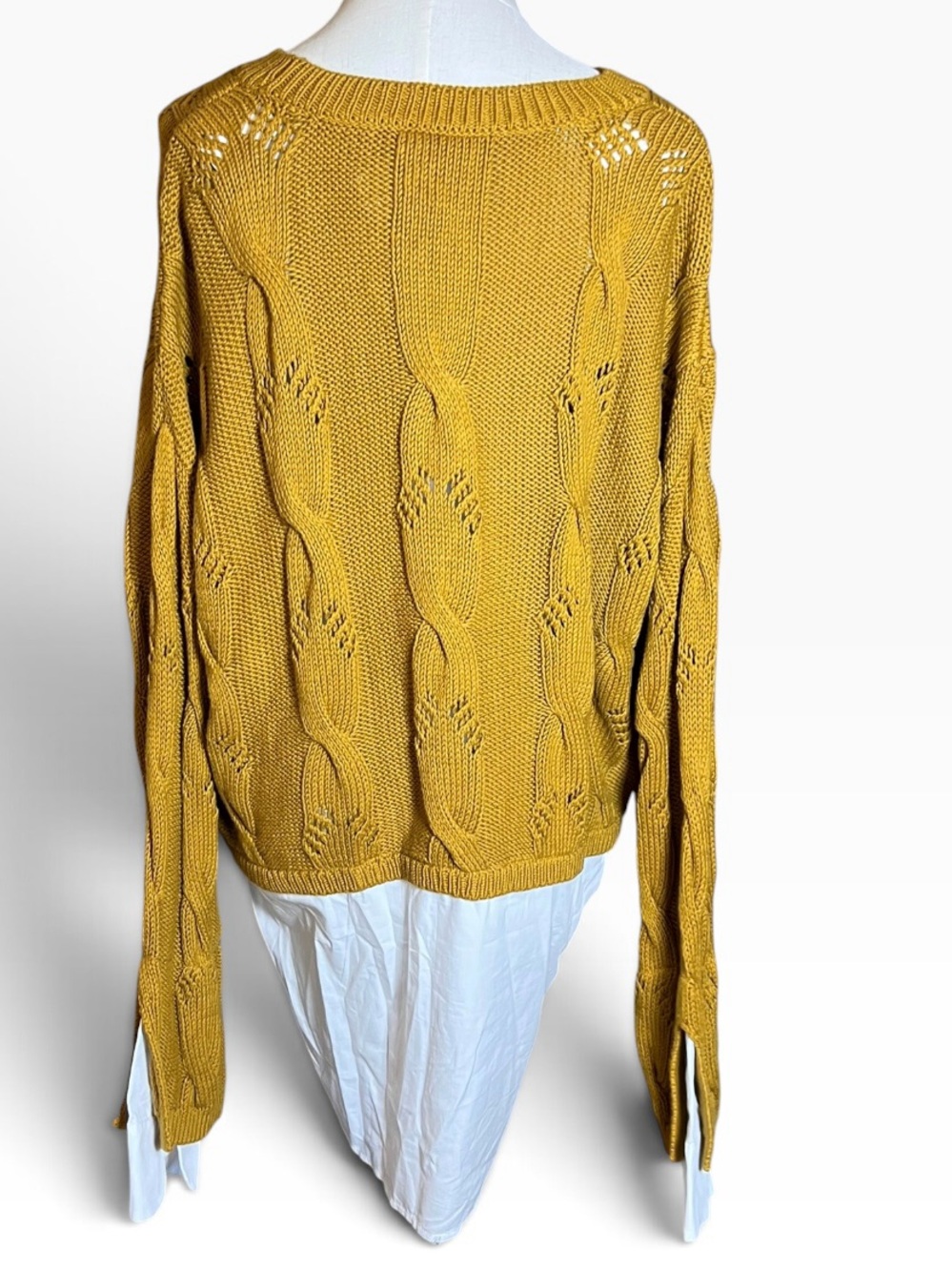 Pilcro Anthropologie Cable Knit Layered Shirt Sweater Mustard L Preppy NWT - Picture 3 of 8